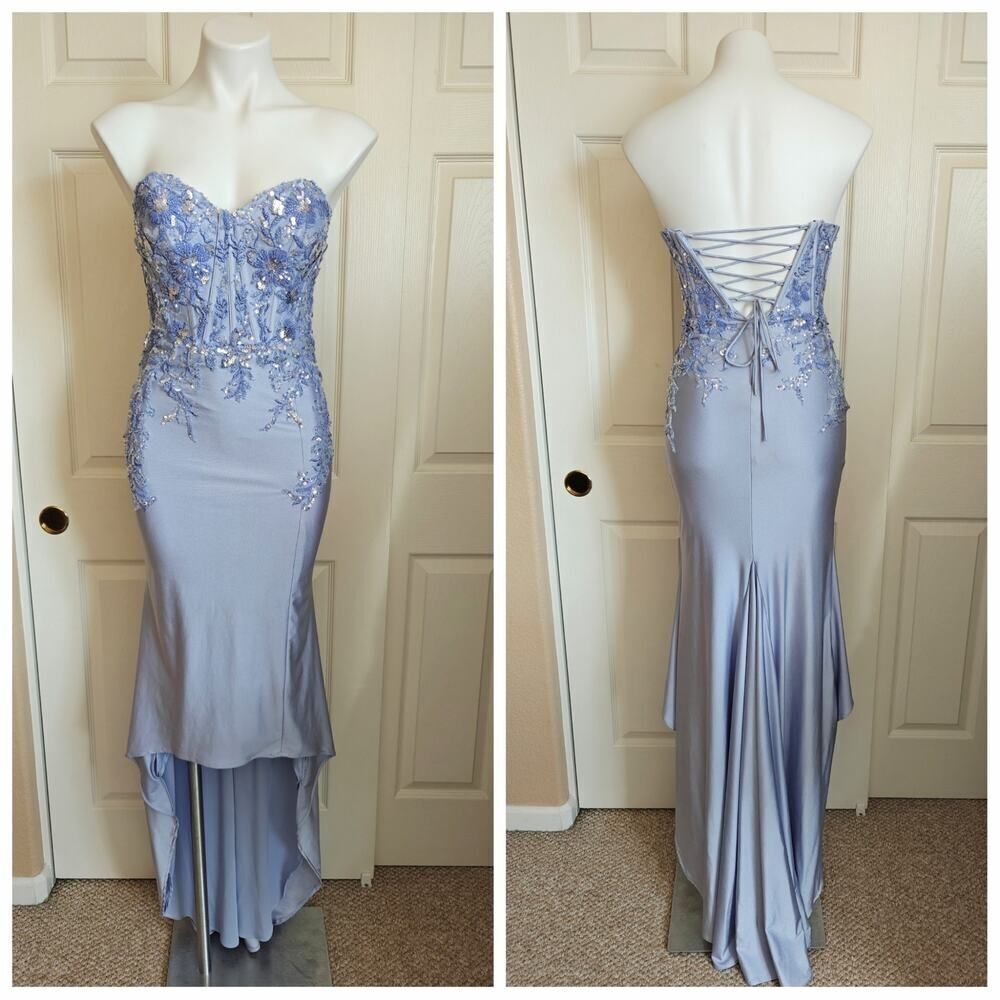 Amelia Couture periwinkle embellished strapless high low gown sz 2